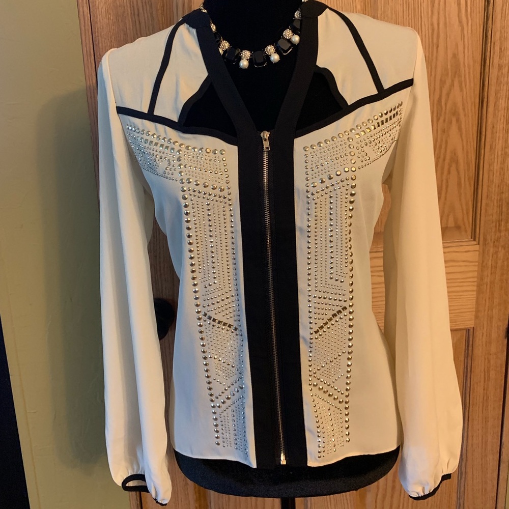 Black and Cream Cut-Out Studded Zipper Blouse